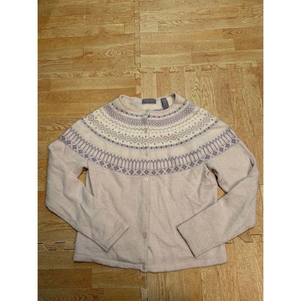 Kate Hill Casual Wool Angora Fair Isle Cardigan Sweater Cream Purple Size M